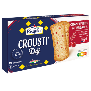 Crousti Déj cranberries et céréales PASQUIER, paquet de 15, 150g