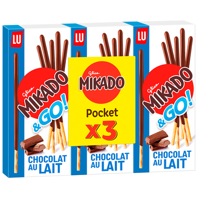 Biscuits nappés au chocolat au lait pocket Mikado LU, 3 paquets de 39g