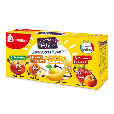 Gourde Dessert fruitier pomme/abricot/banane/fraise, sans sucre ajouté, CHARLES & ALICE - 12x90g