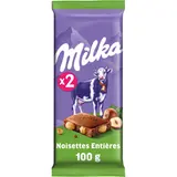 Chocolat au lait noisettes entières, MILKA, tablettes, 2x100g