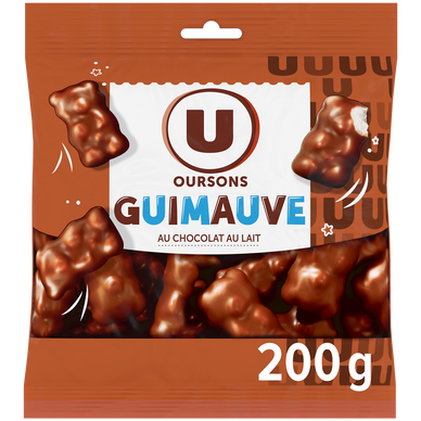Bonbons Confiserie oursons en guimauve au chocolat au lait sachet de 200g
