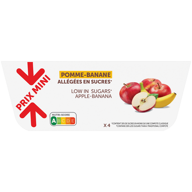 Dessert fruitier de pommes et banane allégée en sucres PRIX MINI - coupelles 4x100g