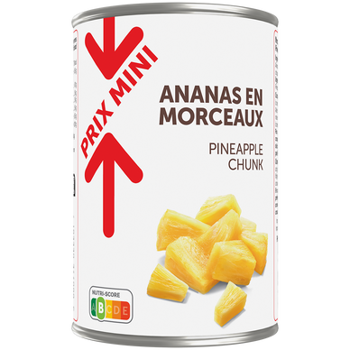Ananas au sirop léger morceaux PRIX MINI, boîtee 3/4, 340g