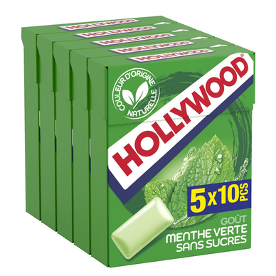 Chewing-gums greenfresh menthe verte sans sucres HOLLYWOOD, 5x10 dragées, 70g
