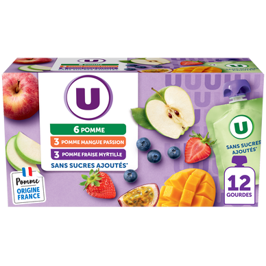 Dessert fruitier sans sucres ajoutés purée pomme nature, pomme-mangue-passion, pomme-fraise-myrtille U, 12x90g