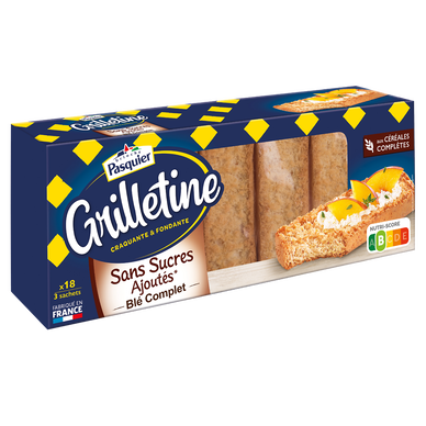 Tartines de pain grillé Grilletine blé complet sans sucre ajouté PASQUIER - x18, 255g