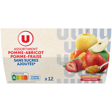 Dessert fruitier coupelle 6 pommes-abricots, 6 pommes-fraises sans sucre ajouté 12x100g