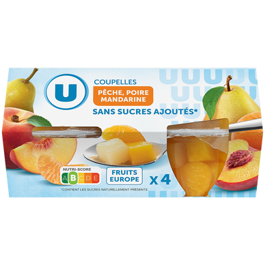Coupelles pêche,poire et mandarine sans sucre ajoutés  x4, 260g