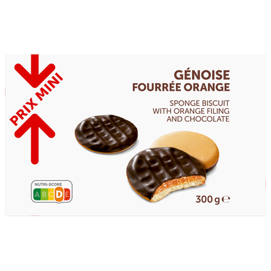 Biscuits Génoises fourrées goût orange nappées chocolat PRIX MINI - 300g