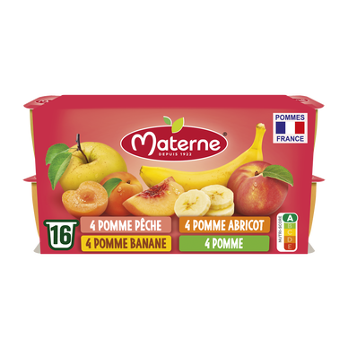 Dessert fruitier Coupelles Pomme, Pomme Banane, Pomme Pêche, Pomme Abricot MATERNE, 16x100g