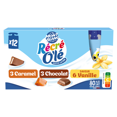 Goûter laitier Gourdes Chocolat, Saveur Vanille, Caramel RÉCRÉ O'LÉ 12x85g