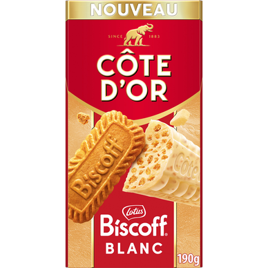 Chocolat blanc biscoff COTE D'OR, bloc 190g