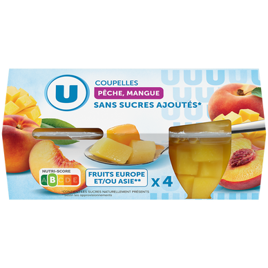 Coupelles pêche et mangue sans sucre ajoutés  x4, 260g