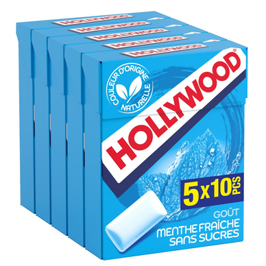 Chewing-gums ice fresh menthe fraîche sans sucres HOLLYWOOD, 5x10 dragées, 70g