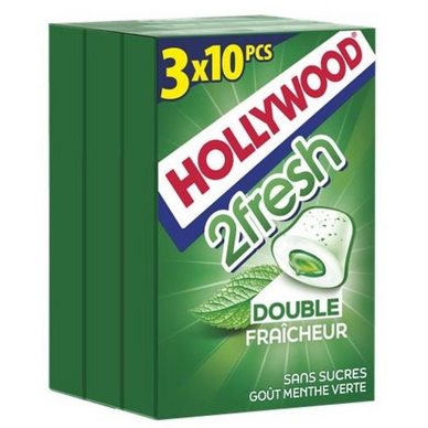 Chewing-gums 2Fresh menthe verte sans sucres HOLLYWOOD, 3x10 dragées,66g
