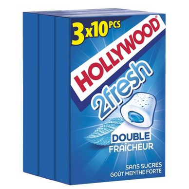 Chewing-gums 2 Fresh menthe fraîche/menthe forte sans sucres HOLLYWOOD, 3x10 dragées,66g