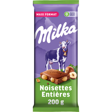 Chocolat au lait et aux noisettes entières MILKA - Tablette de 200g