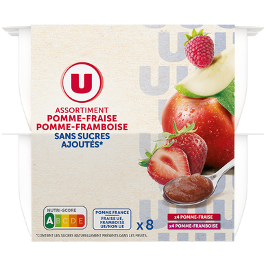Dessert fruitier de pommes, fraises et pommes, framboises sans sucresajoutés 8 pots de 100g