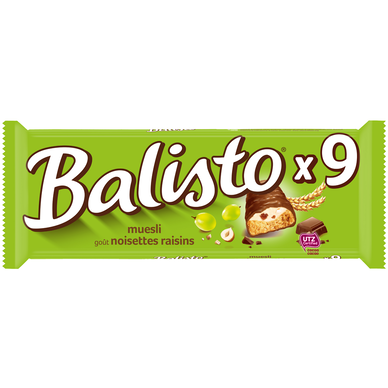 Barre chocolatée raisins noisettes BALISTO, x9, 167g