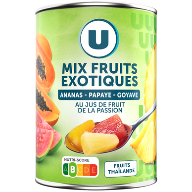 Mélanges de fruits tropicaux préservés au jus de fruits de la passionU, boîte 3/4, 340g