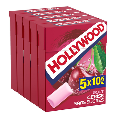 Chewing gum sans sucres parfum cerise HOLLYWOOD, 5x10dragées, 70g