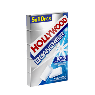Chewing-gums blancheur 100% xylitol sans sucre - menthe forte HOLLYWOOD, 5x10 dragées - 68g