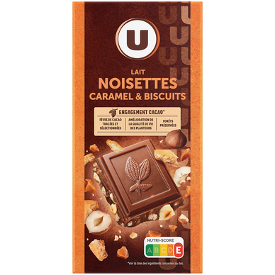 Chocolat au lait noisettes & éclats de biscuit & caramel, - tablette 180g