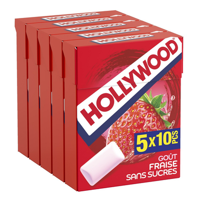 Chewing gum sans sucres parfum fraise HOLLYWOOD, 5x10dragées, 70g