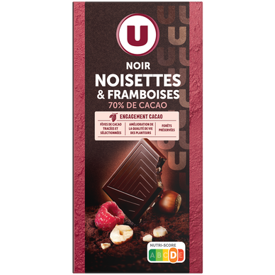 Chocolat noir aux éclats de noisettes et framboises, tablette 100g