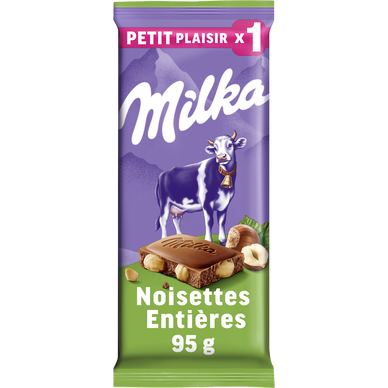 Tablette de chocolat au lait du pays alpin noisettes entières MILKA, petit plaisir 95g