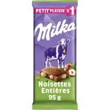 Tablette de chocolat au lait du pays alpin noisettes entières MILKA, petit plaisir 95g