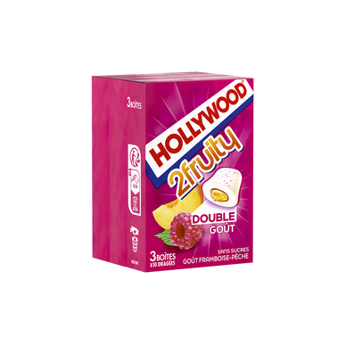 Chewing-gum HOLLYWOOD 2Fruity framboise pêche sans sucres, 3x10dragées, 66g
