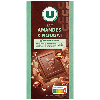Chocolat au lait amandes et éclats de nougat au miel, - tablette 180g