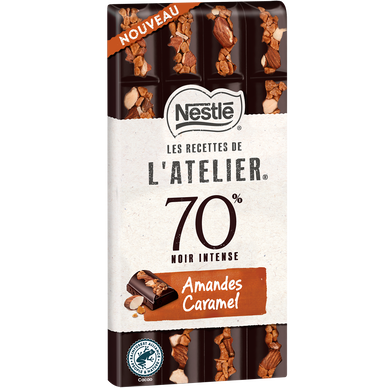 Chocolat noir 70% intense amandes caramel LES RECETTES DE L'ATELIER, tablette 150g