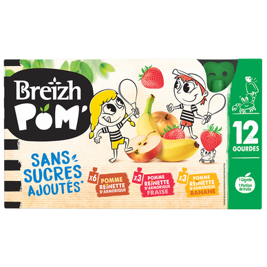 Dessert fruitier pommes panachées sans sucre ajouté BREIZH'POM, 12x90G
