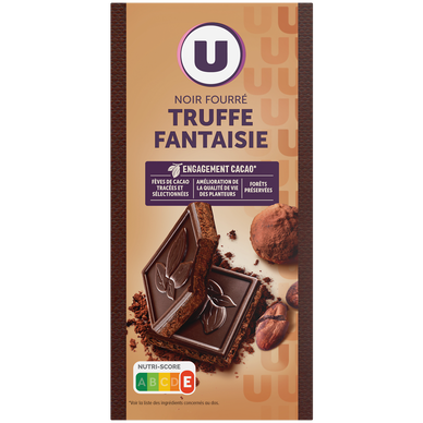 Chocolat noir fourré à la truffe fantaisie, éclats de fèves de cacao caramélisés  Tablette de 150g