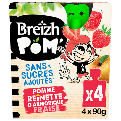 Dessert fruitier pomme fraise gourdes BREIZH'POM, 4x90g, 360g