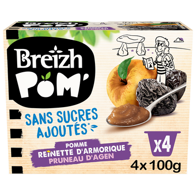 Dessert fruitier de fruits sans sucre ajouté pomme/pruneau BREIZH'POM,4x100g