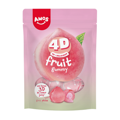 Bonbons gélifiés au goût de pêche 4D AMOS, sachet 120g