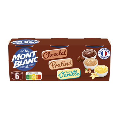 Crème dessert Coupelles Chocolat, Vanille, Praliné MONT BLANC, 6x125g