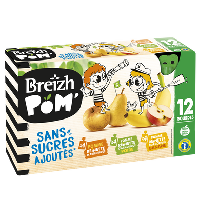 BREIZH POM'pomme reinette d'armorique/poire/banane sans sucre ajouté,gourdes 12x90g, 1,080kg