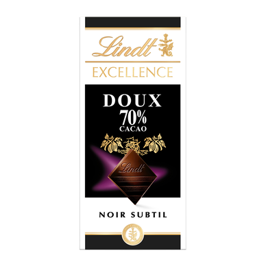 Chocolat noir doux 70% Excellence LINDT, Tablette de 100g