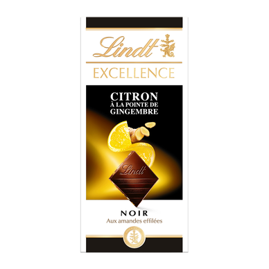 Chocolat noir amandes/citron/gingembre LINDT, Tablette de 100g