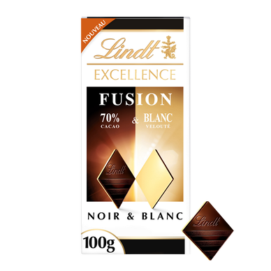 Chocolat fusion chocolat noir 70% cacao et chocolat blanc velouté LINDT EXCELLENCE - tablette 100g