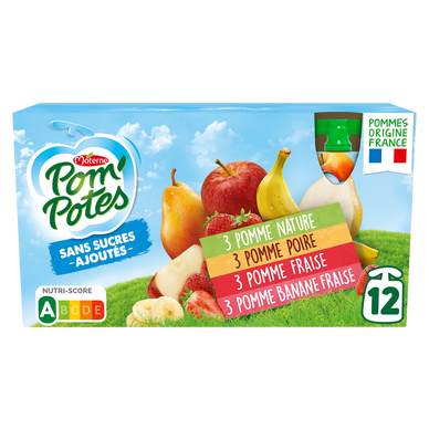 Dessert fruitier Gourdes Sans Sucres Ajoutés Pomme, Pomme Poire, PommeFraise,Pomme Banane POM'POTES, 12x90g
