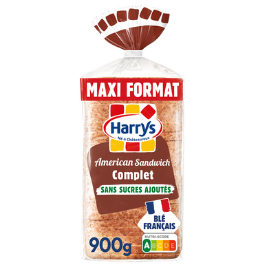 Pain de mie American Sandwich complet sans sucres ajoutés HARRYS 900g