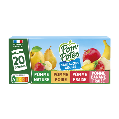 Dessert fruitier Gourdes Sans Sucres Ajoutés Pomme, Pomme Poire, PommeFraise,Pomme Banane Fraise POM'POTES, 20x90g