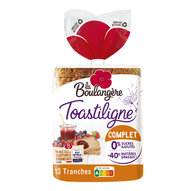 Pain de mie grandes tranches complet Toastiligne LA BOULANGERE - 12 tranches - 500g