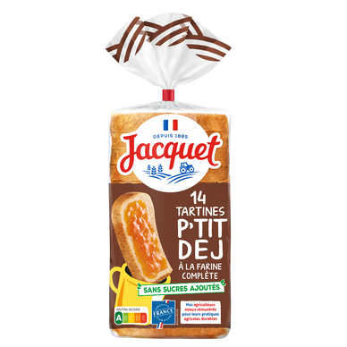 Pain de mie Tartine P'tit Déj(r) farine Complète Sans Sucres Ajoutés JACQUET  - x14 - 410g