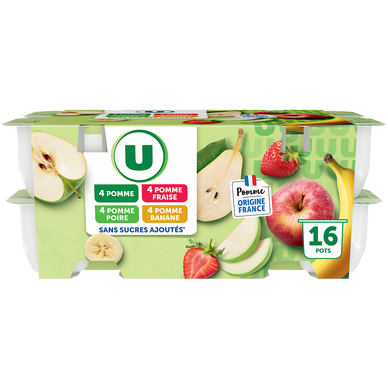 Dessert fruitier coupelles pomme fraise poire banane sans sucres ajoutés U, 16x100g